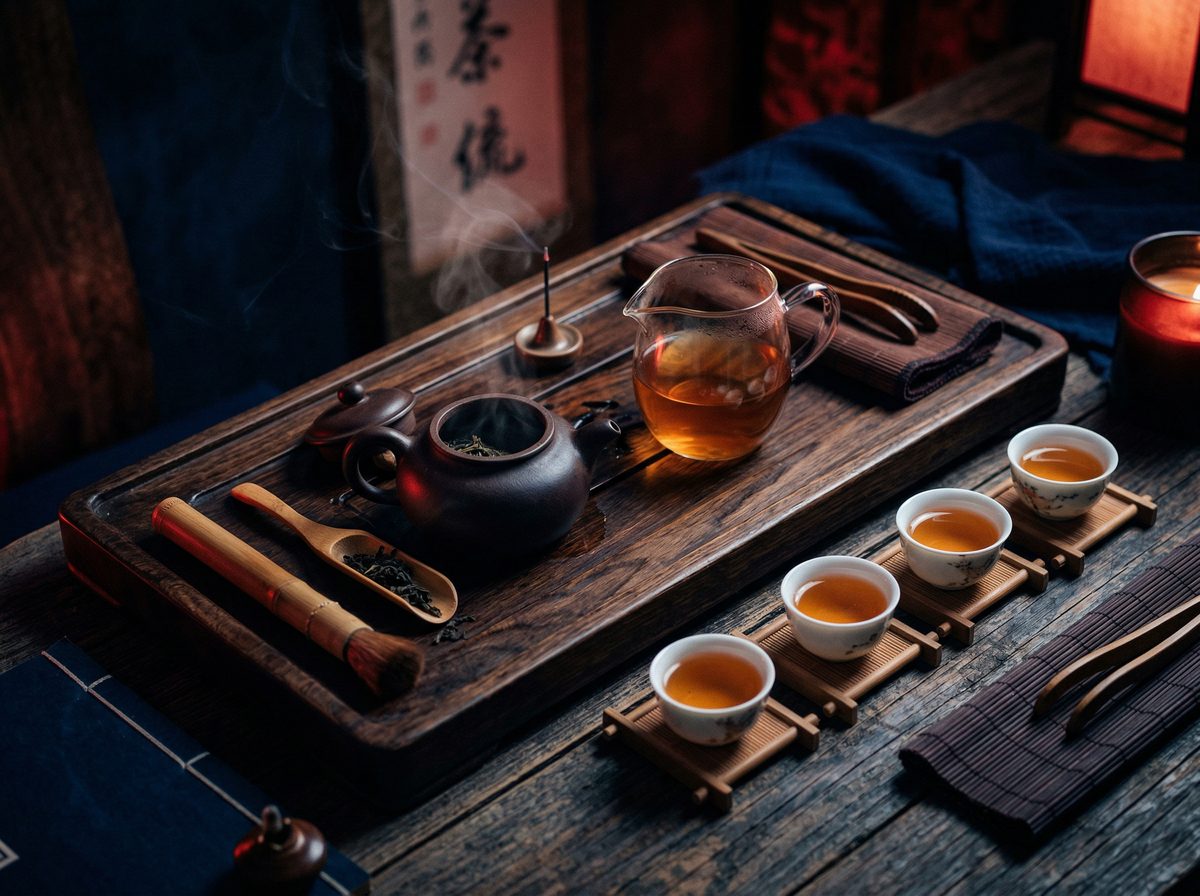 Traditional Chinese gongfu tea ceremony setup with clay teapot and tasting cups