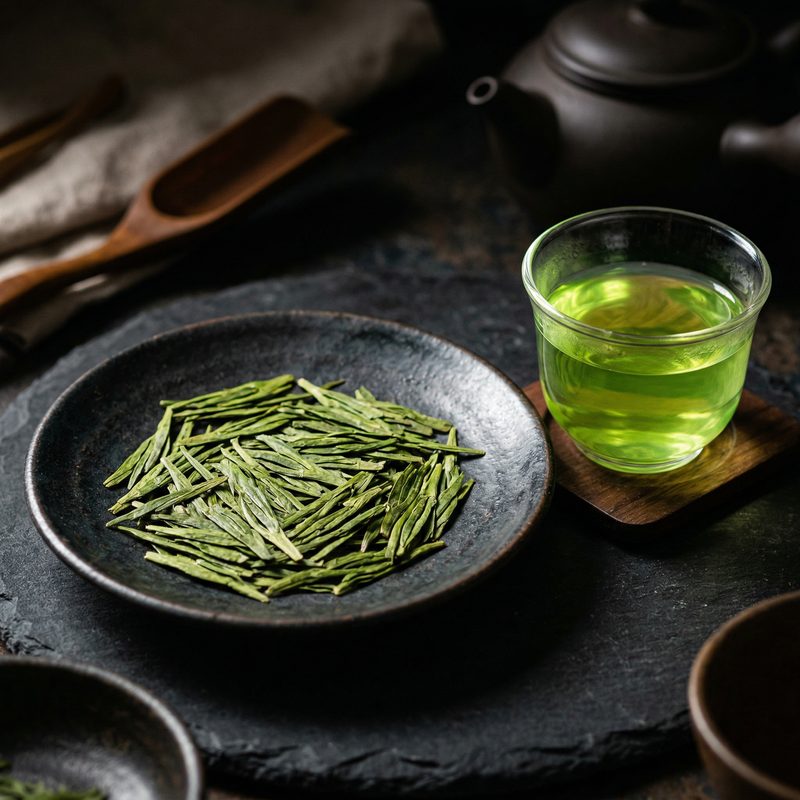 Dragon Well green tea leaves with bright green liquor